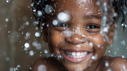 Child giggling while getting her hair washed, bubbles and water droplets visible.