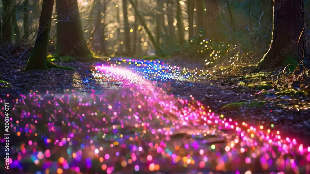 Poster a trail in a dense forest is lit up with vibrant multicolored lights, creating a mesmerizing sight, 