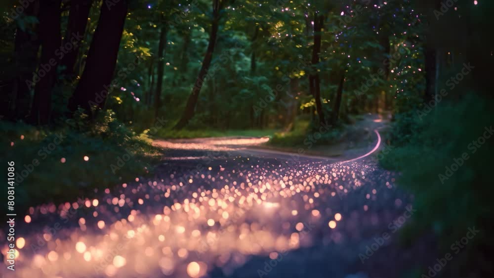Poster a winding path through a dense forest adorned with numerous lights casting a magical glow, a trail o