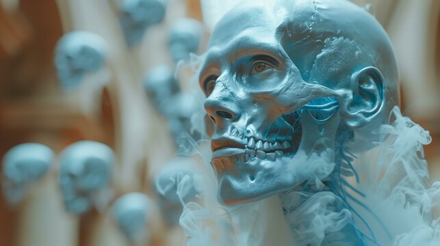 blue skull head in front of blurred background of multiple skulls, introverted solitary alone detached disconnected