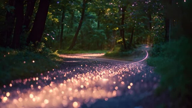 A winding path through a dense forest adorned with numerous lights casting a magical glow, A trail of glittering confetti left behind by a magical creature