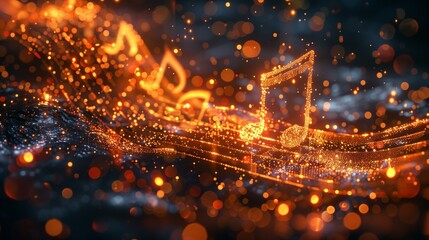 Music notes on black background, rhythm beat tune instrument performance