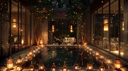 An enchanting view of a luxury villa at night, with a pool surrounded by lanterns that flicker like...