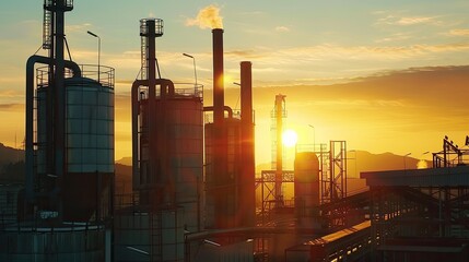 Gold processing plant at sunset, silhouettes of tanks and structures.