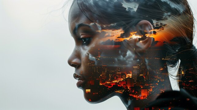 double exposure portrait of young woman with cityscape, portrait profile red reflection silhouette
