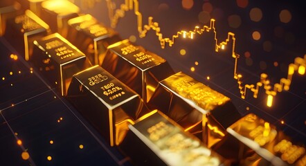 Gold bars and stock chart background. Gold bar, financial graph with rising line of gold growth on black screen.