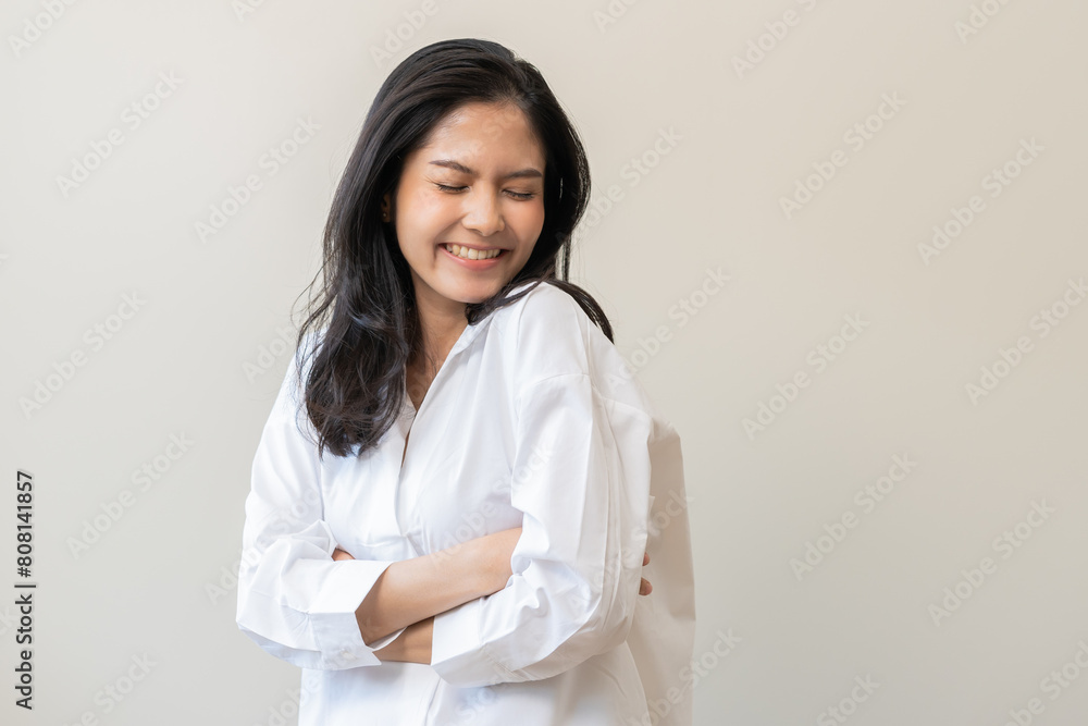 Wall mural smile positive, happy asian young woman wearing casual shirt, portrait of beautiful female with blac