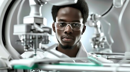 A young African-American scientist wearing a lab coat and safety glasses is working on a robotic arm. He is looking at the camera with a serious expression.