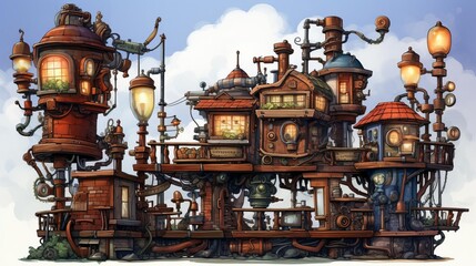 A steampunkinspired internet where brass and wood modems emit steam as they work, connecting gears and pipes to transfer data - obrazy, fototapety, plakaty
