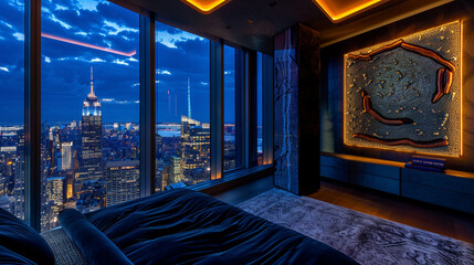 An enigmatic penthouse bedroom at night, where the luxurious dark velvet bed faces a towering...