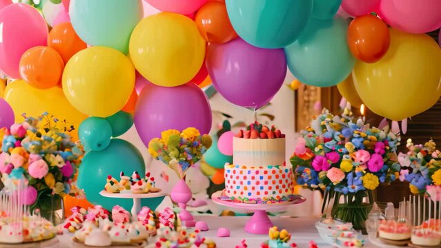 A table covered with a delicious-looking cake and numerous vibrant balloons, A vibrant birthday party with beautifully decorated balloons and cake