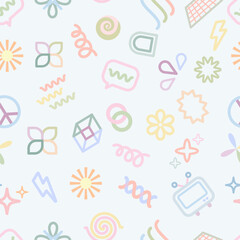 Seamless retro pattern. Vintage shapes with pastel colors for print, business, wallpaper, fabric, textile, mail, UI, web, app, mobile, celebration, decor, and more. Hand drawn vector geometric shapes