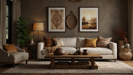 Rustic coffee table near white sofa with brown pillows against wall with two poster frames. Boho ethnic home interior design of modern living room