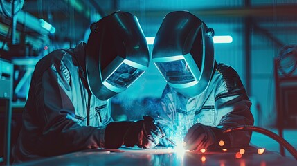 Welding apprentice in safety gear learning to weld under the guidance of an experienced mentor.