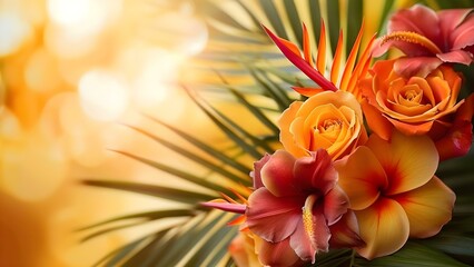 Elegant Orchid Rose Bouquet with Tropical Leaves for Wedding Invitations. Concept Wedding Invitations, Orchid Rose Bouquet, Tropical Leaves, Elegant Design