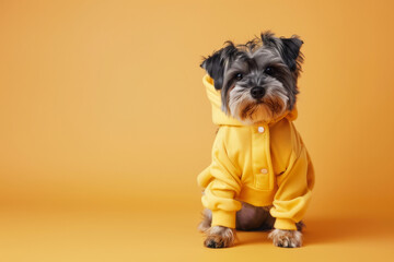 Funny little dog in a yellow hoodie on a yellow background in the studio