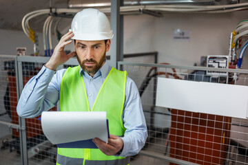 uncertain man hold clipboard with papers document looking puzzled work in modern plant factory workshop indoors