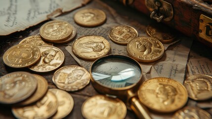 An antique gold coin collection being evaluated for trading, with magnifying glass and notes.