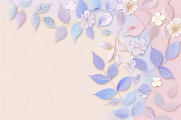 Floral frame with paper cut flowers and leaves, flat, pastel blue, pink, green, beige background