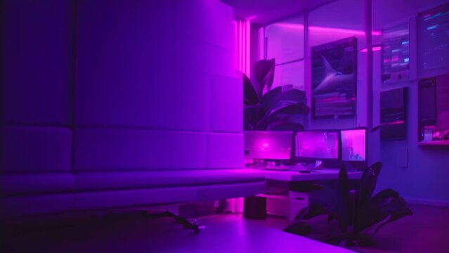 A room filled with several computer screens and a single potted plant sitting on a desk, A creative depiction of a virtual office environment