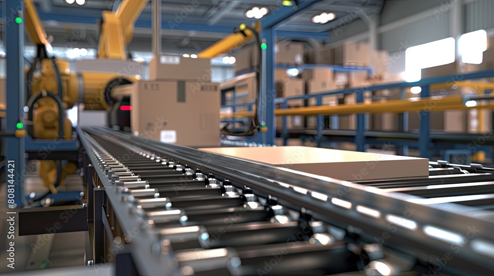 Poster an automated robotic conveyor system moving products through a manufacturing line.