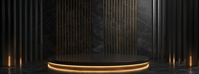 Empty round podium with gold neon lights on the wall, on a dark background.