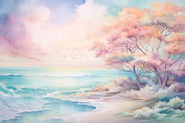 landscape with trees and sea, hills, soft colors, blue, pink and orange, a dreamy sky, misty, mountains, watercolor painting