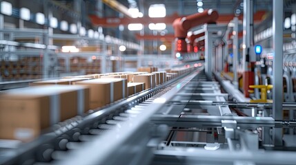 Obraz premium An automated robotic conveyor system moving products through a manufacturing line.