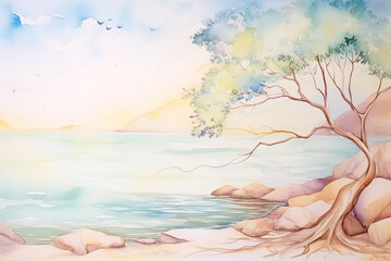 landscape with trees and river, hills, soft colors, blue, pink and orange, a dreamy sky, misty, mountains, watercolor painting