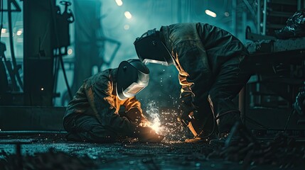 An experienced welder teaching apprentices structural welding techniques in an industrial setting. - Powered by Adobe