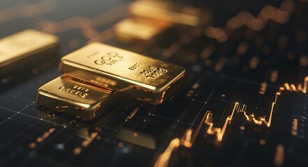 Gold bars and stock chart on black background, gold bars with stock graph growing up in dark background. Gold trading concept.