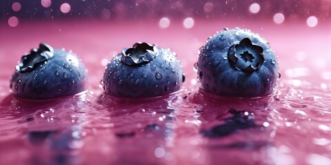 three blueberries are floating in water against a pink background. The blueberries are covered in water droplets and appear to be floating on a pink surface.