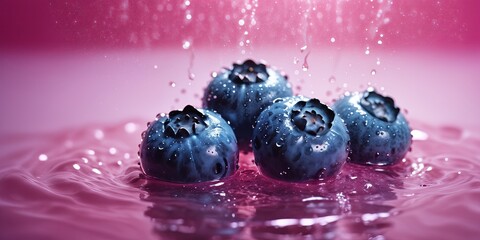 close-up of several blueberries, with a few of them immersed in a pink liquid. The berries appear to be wet, with drops of water scattered around them.