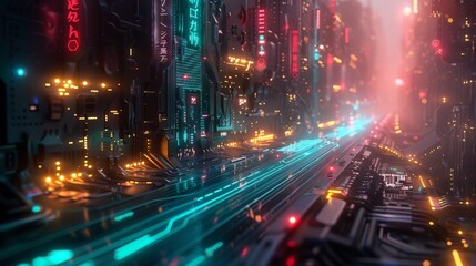 Futuristic cityscape illuminated by neon lights, embodying cyberpunk aesthetics and advanced technology.