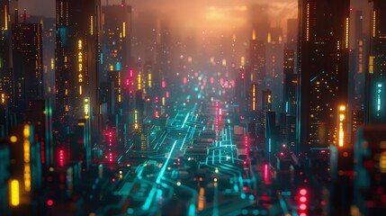 Futuristic cityscape at dusk with neon-illuminated skyscrapers and circuit-like patterns on streets, suggesting advanced technology and urbanization.