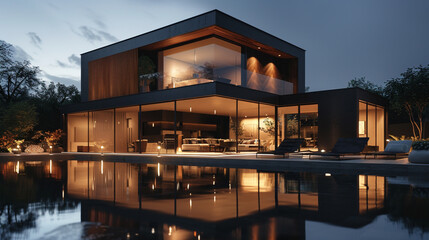 An evening snapshot of a minimalist cubic villa, its facade a blend of wooden cladding and matte black panels, illuminated by discreet landscape lighting. 