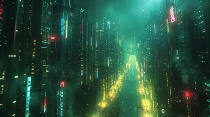 Futuristic cityscape at night with towering skyscrapers illuminated by neon lights and a busy, glowing thoroughfare.