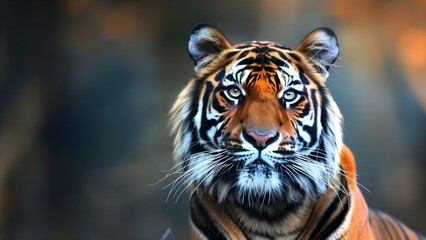 Obraz premium The Close-Up Portrait of a Tiger Captures its Powerful Gaze and Majestic Presence as an Endangered Big Cat. Concept Wildlife photography, endangered species, tiger conservation, nature conservation