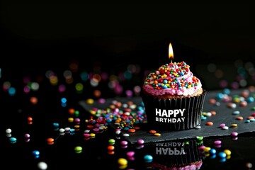 A cupcake with colorful sprinkles and candle, text "HAPPY BIRTHDAY" on blackboard background Generative AI