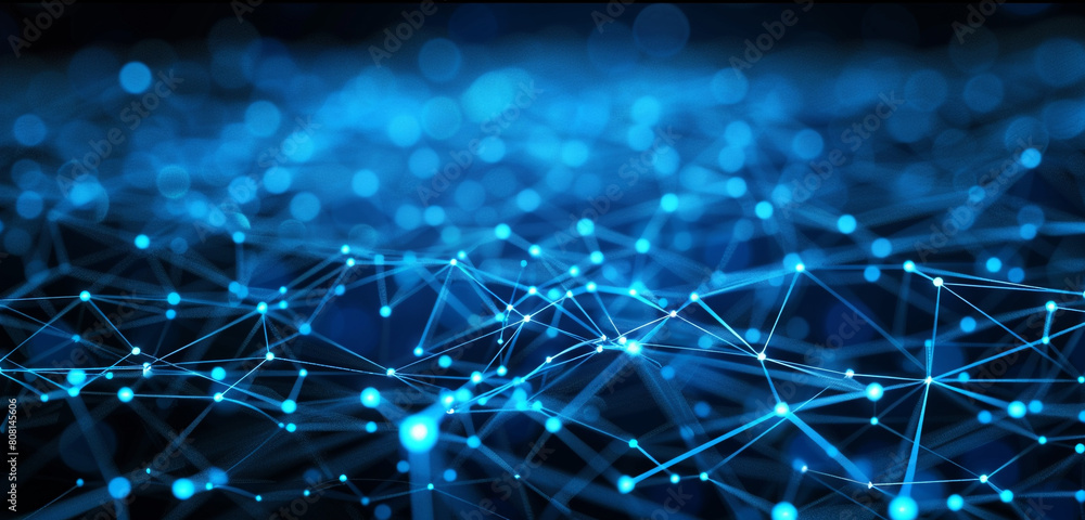 Poster logistics nodes linked by electric blue networking patterns.