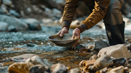 Miner using a gold pan beside a river, with natural scenery around, focusing on the technique.