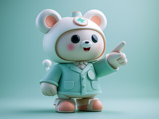 3D illustration of a cute bear doctor character pointing upward