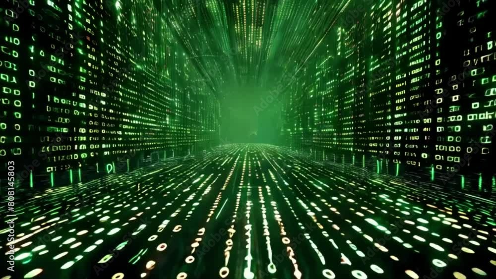 Aufkleber video of green abstract binary code matrix background, banner. virtual reality and science fiction.