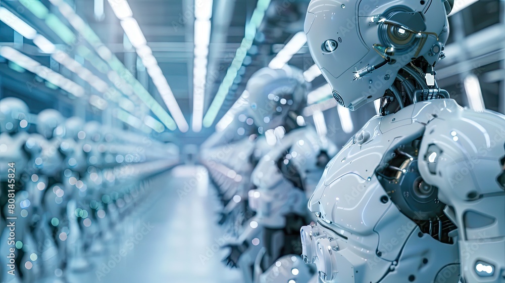 Poster network of robots in a semiconductor factory, with a focus on the advanced technology and clean envi