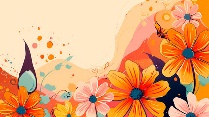 Vintage floral illustration with vibrant orange flowers and playful splashes on a cream background.
