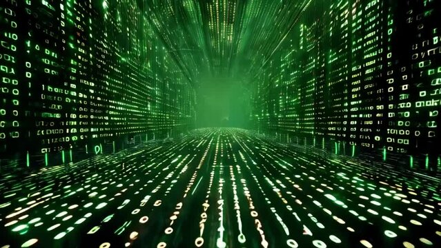 Video of green abstract binary code matrix background, banner. Virtual reality and science fiction.