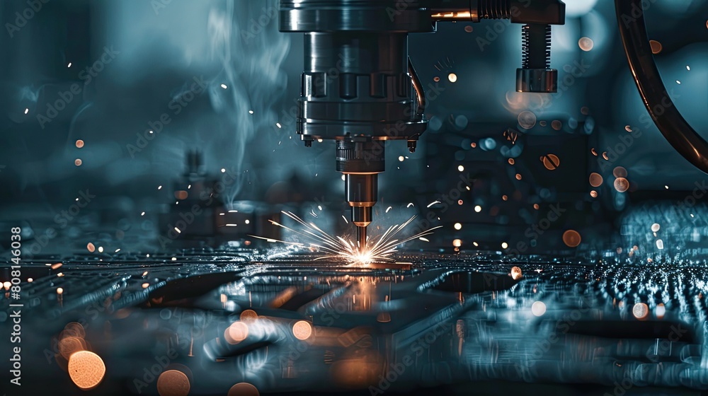 Poster robot arm engraving components with laser precision, sparks visible in a dark factory.