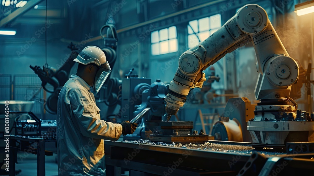 Poster robot technician using a tablet to control a robotic arm in a metal fabrication workshop.