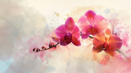 In a breathtaking watercolor portrait, orchids bloom in an exquisite display of elegance and grace, their delicate petals unfolding like works of art against a backdrop of verdant foliage.