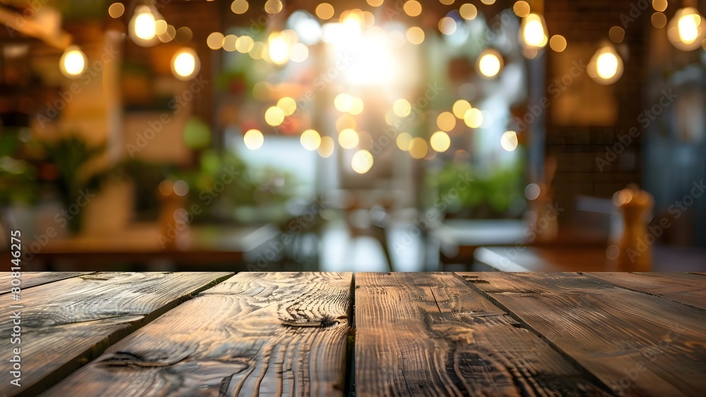 Poster cafe background with wooden table in soft focus for product display or design layout. concept cafe s